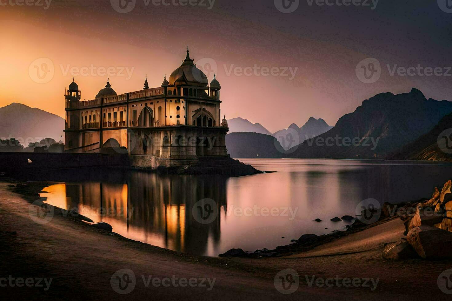 une magnifique le coucher du soleil plus de une Lac avec une Château dans le Contexte. généré par ai photo