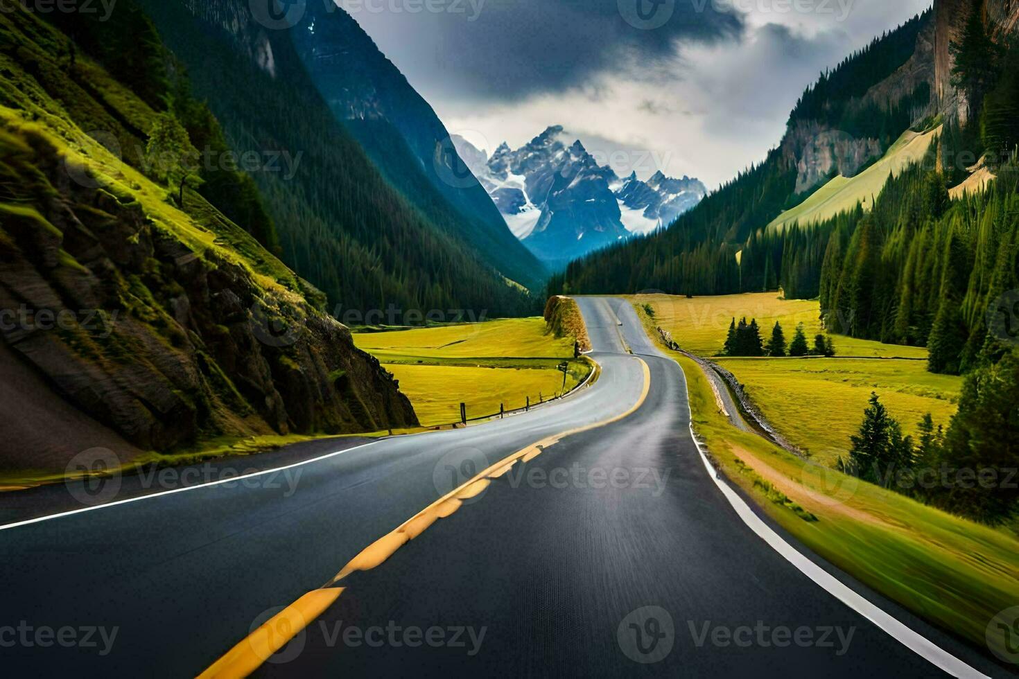 une longue route dans le montagnes. généré par ai photo