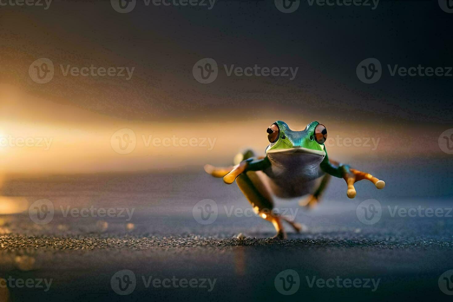 grenouille sauter sur le sol avec le Soleil dans le Contexte. généré par ai photo