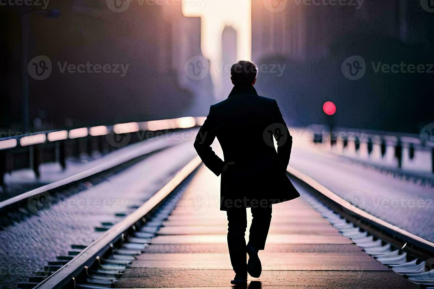 une homme en marchant sur une chemin de fer Piste à le coucher du soleil. généré par ai photo