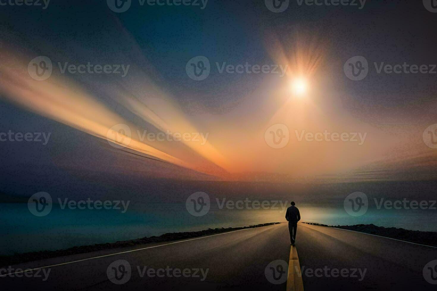 une homme permanent sur le route à le coucher du soleil. généré par ai photo