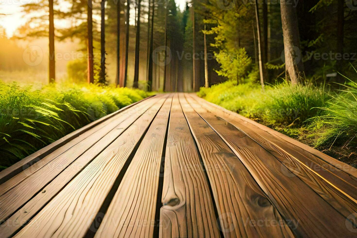 en bois chemin dans le forêt à lever du soleil. généré par ai photo