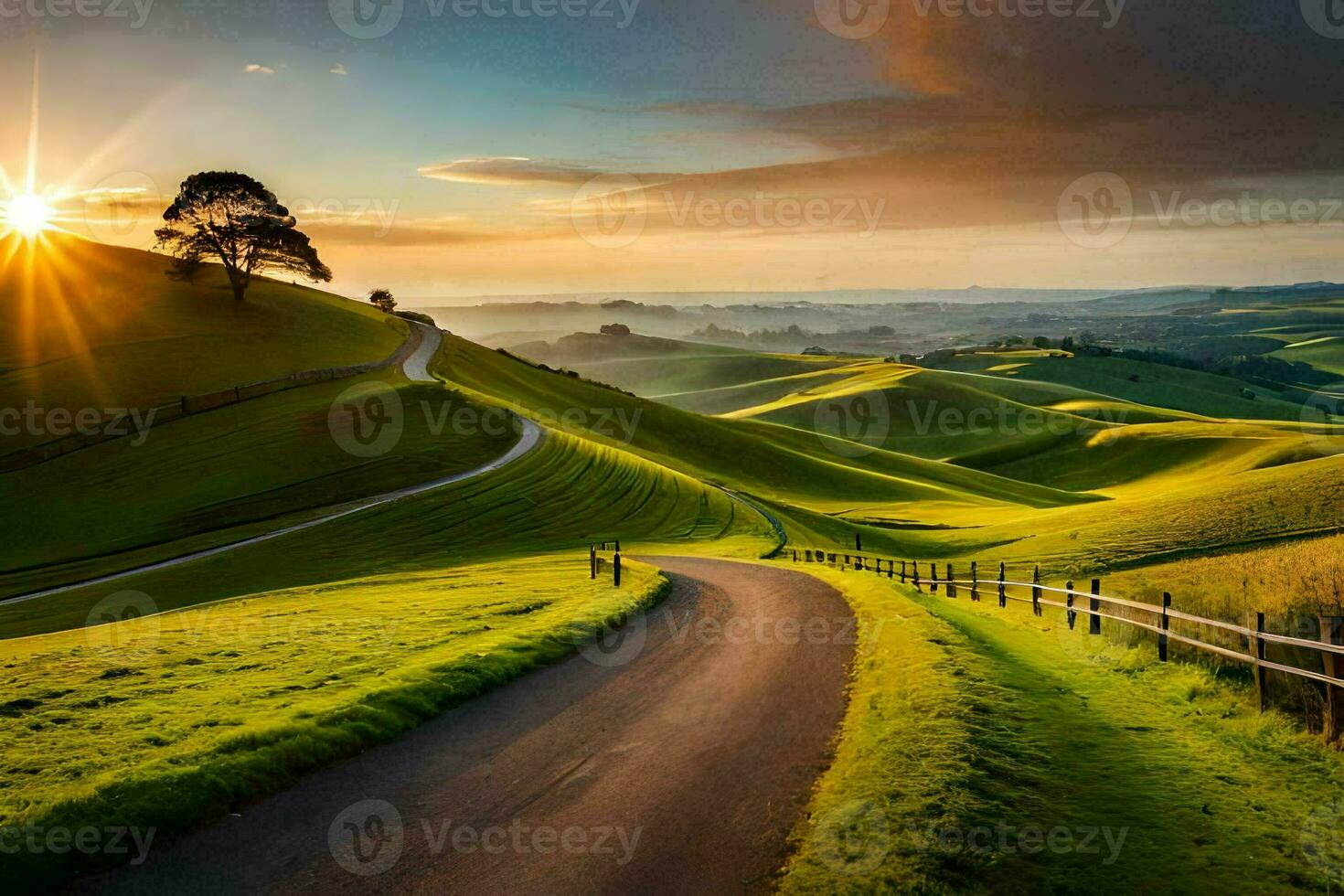 le Soleil monte plus de le roulant collines de Nouveau zélande. généré par ai photo