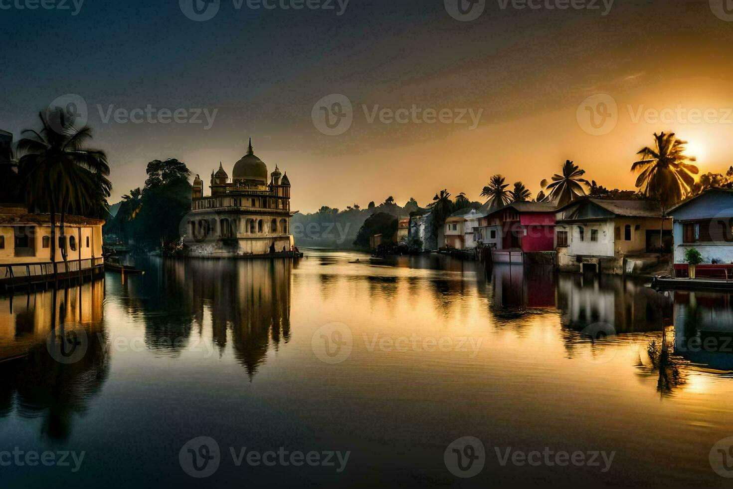 le Soleil ensembles plus de une Lac dans Inde. généré par ai photo