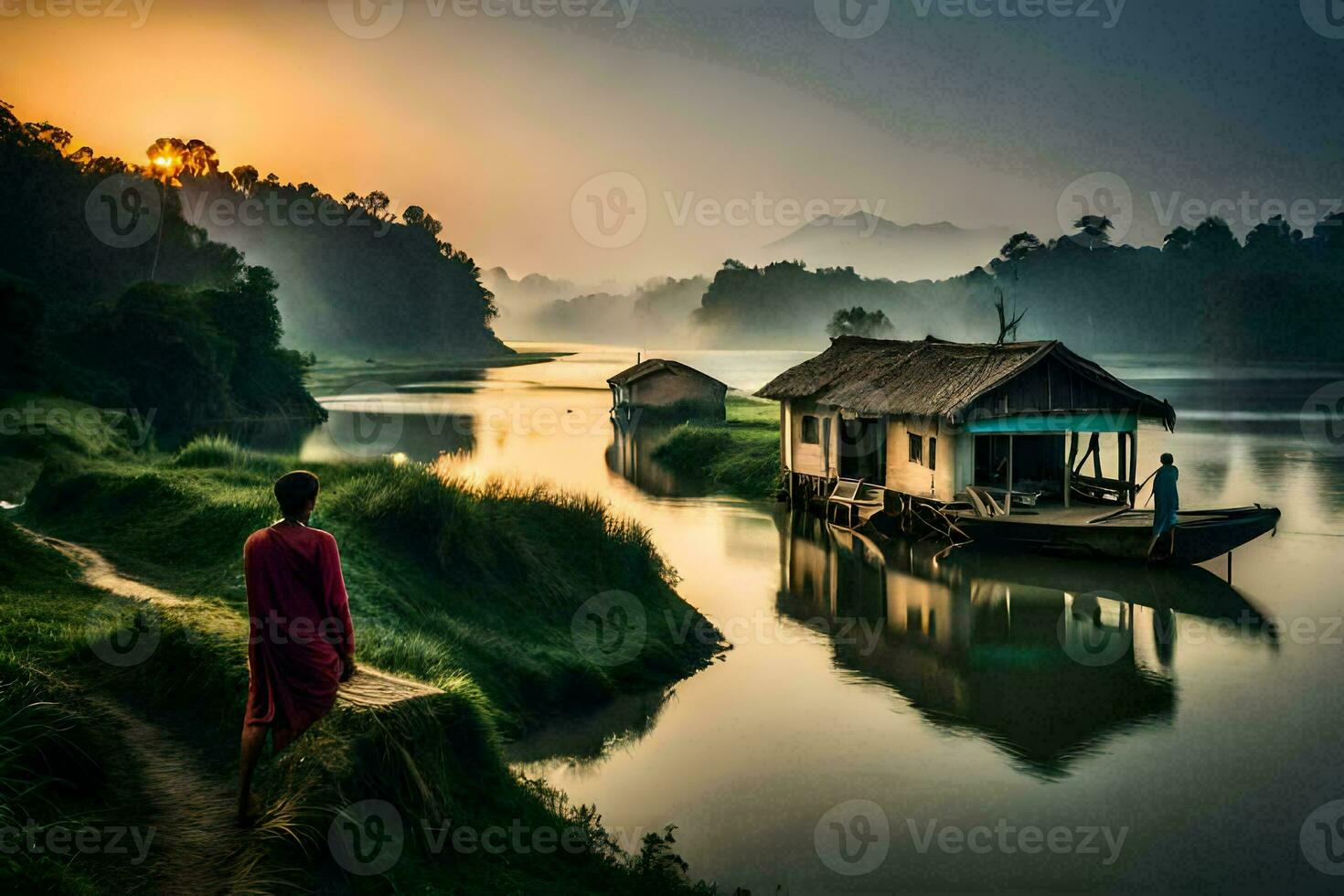 une moine des stands sur le banque de une rivière à lever du soleil. généré par ai photo