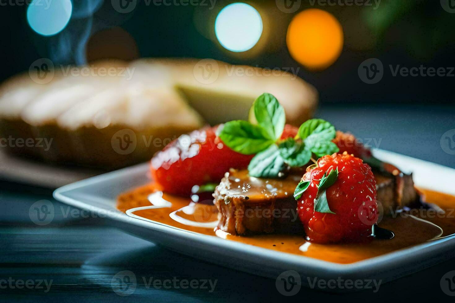 une assiette de nourriture avec des fraises et Viande. généré par ai photo