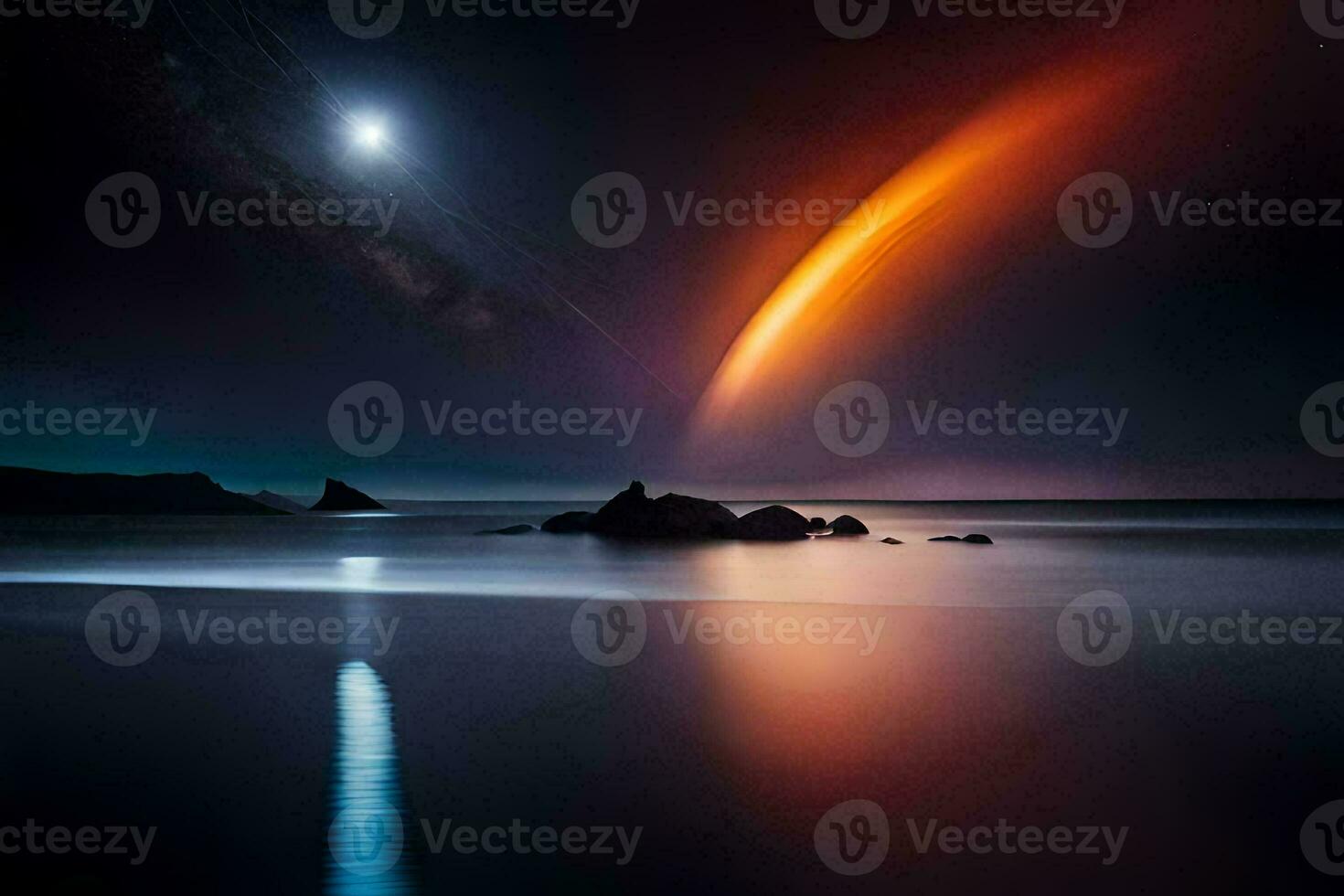 une brillant Orange et rouge comète est vu dans le ciel. généré par ai photo