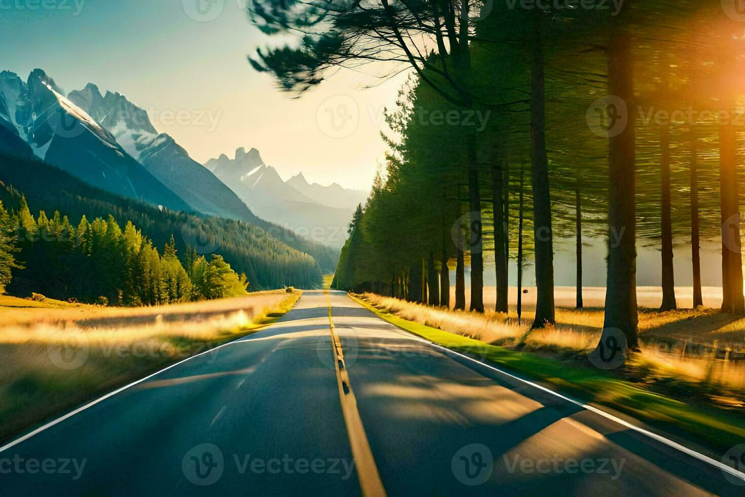 une route dans le montagnes avec des arbres et montagnes dans le Contexte. généré par ai photo