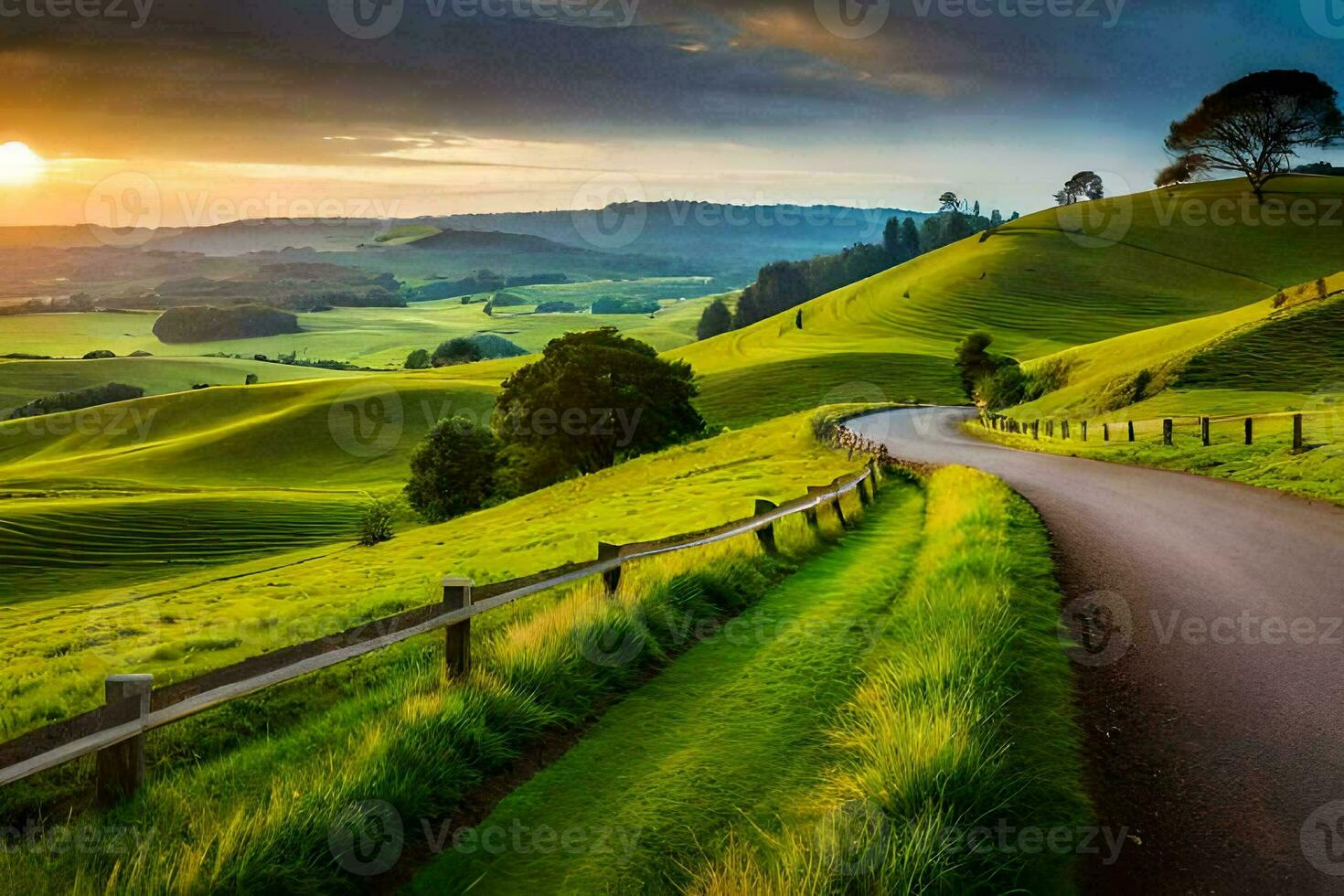 le route à le le coucher du soleil. généré par ai photo