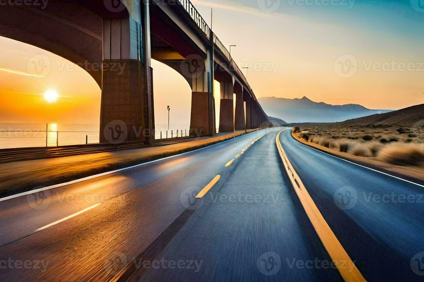 une Autoroute avec une pont à le coucher du soleil. généré par ai photo
