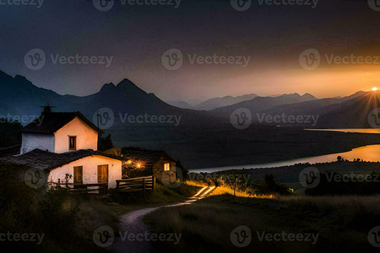 une maison est assis sur une colline surplombant une Lac et montagnes. généré par ai photo