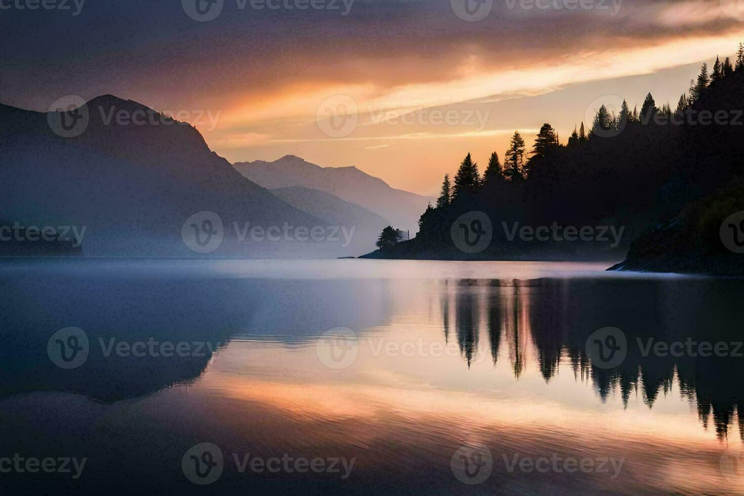 une Lac dans le montagnes avec des arbres et une le coucher du soleil. généré par ai photo