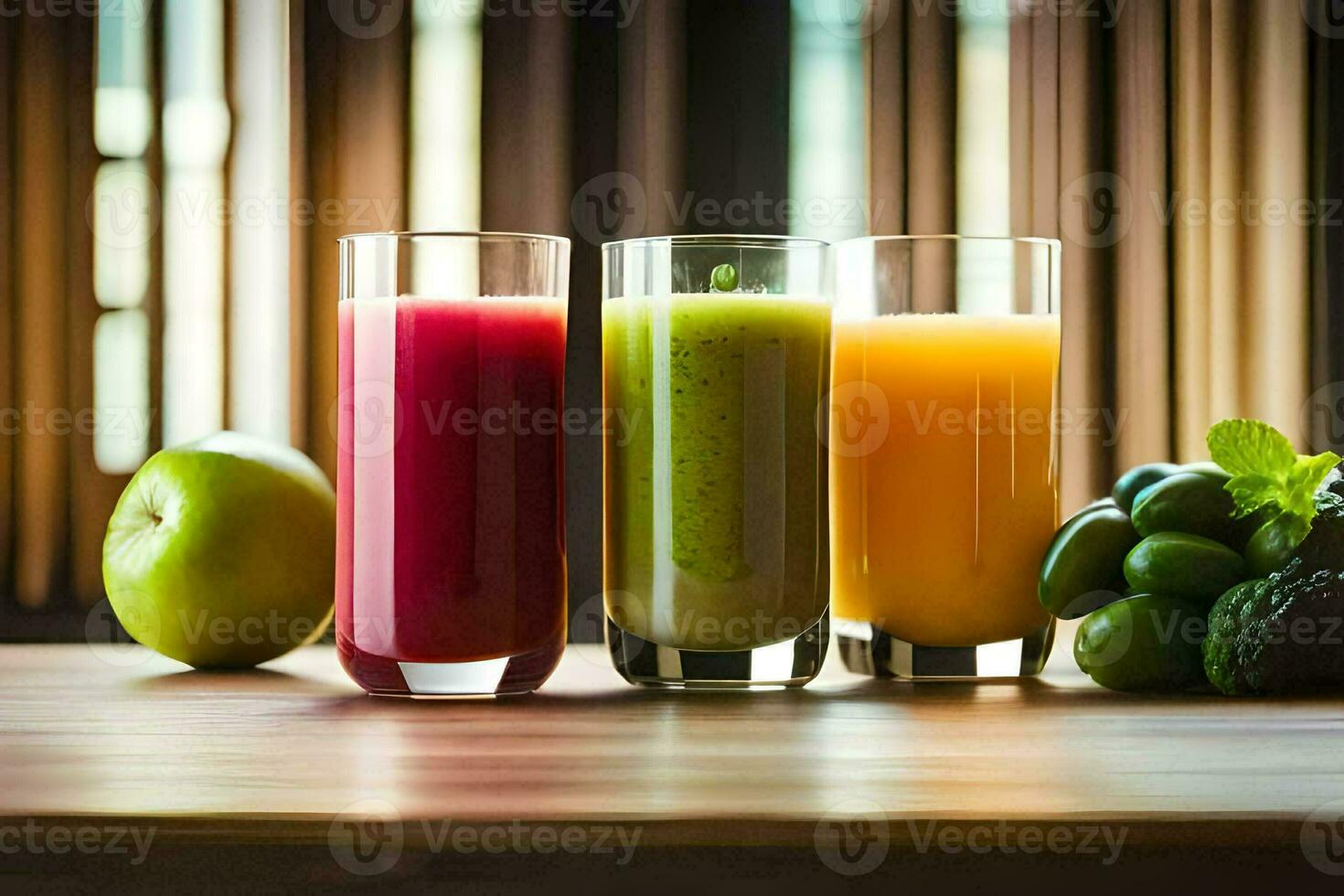 Trois des lunettes de jus sur une tableau. généré par ai photo