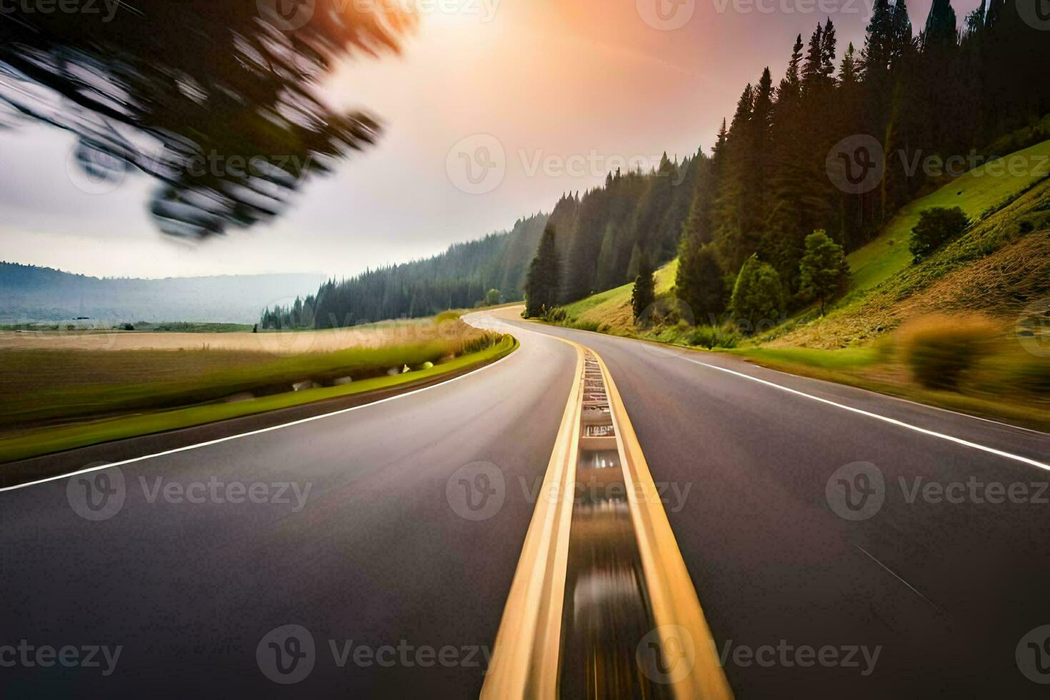 une floue image de une route avec des arbres et montagnes. généré par ai photo