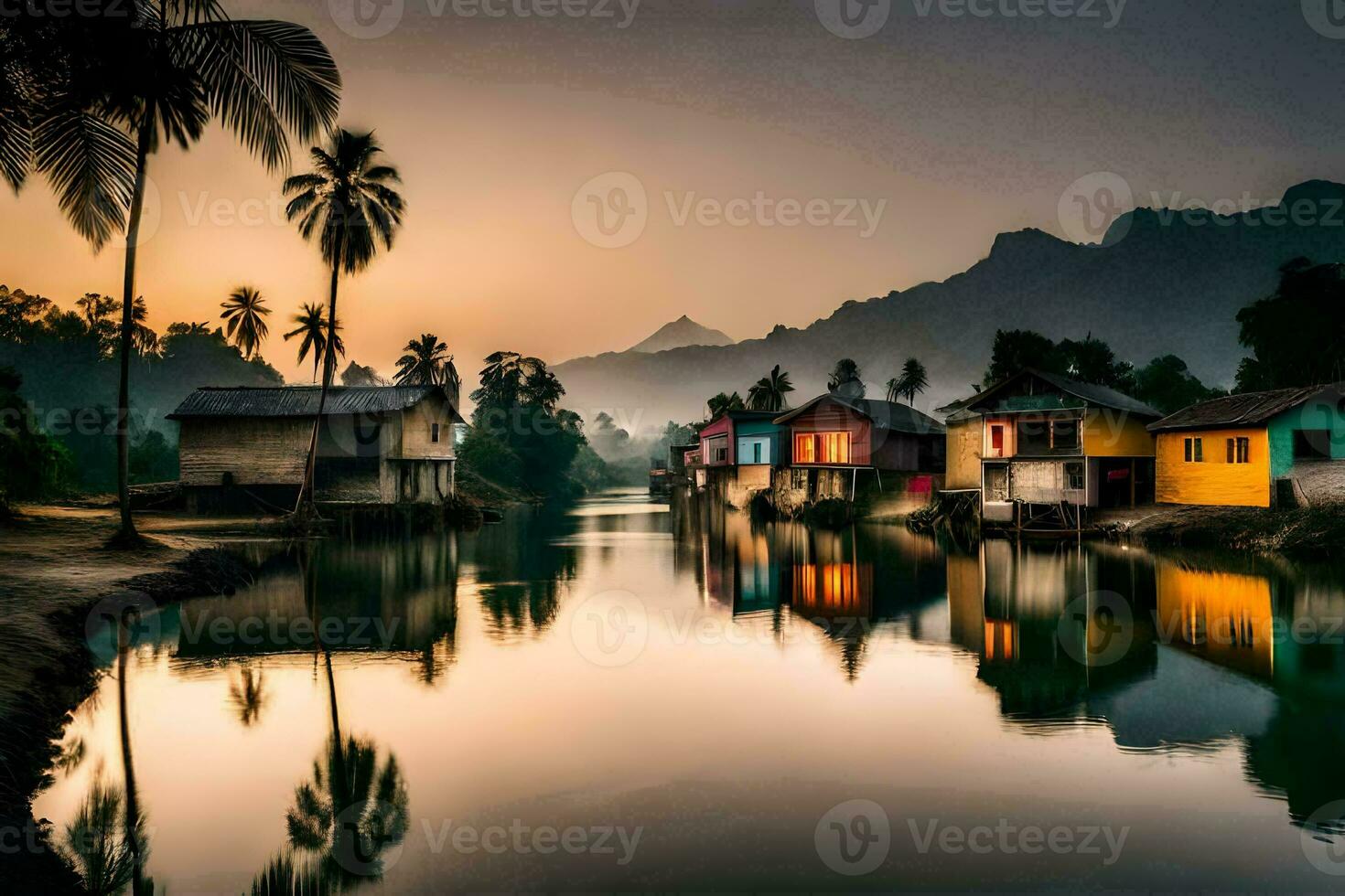 Maisons sur le rivière à le coucher du soleil avec paume des arbres. généré par ai photo