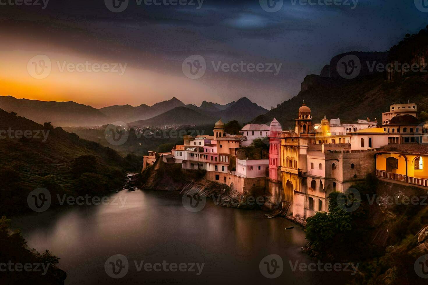 le le coucher du soleil plus de le ville de udaïpur, rajasthan. généré par ai photo