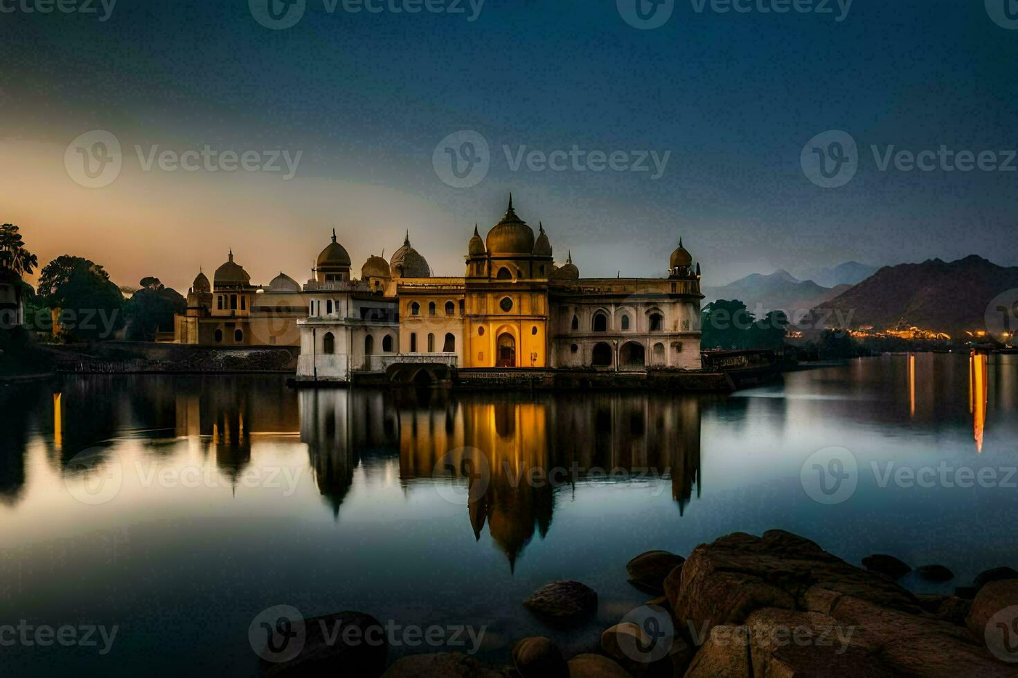 le palais de udaipur à crépuscule. généré par ai photo