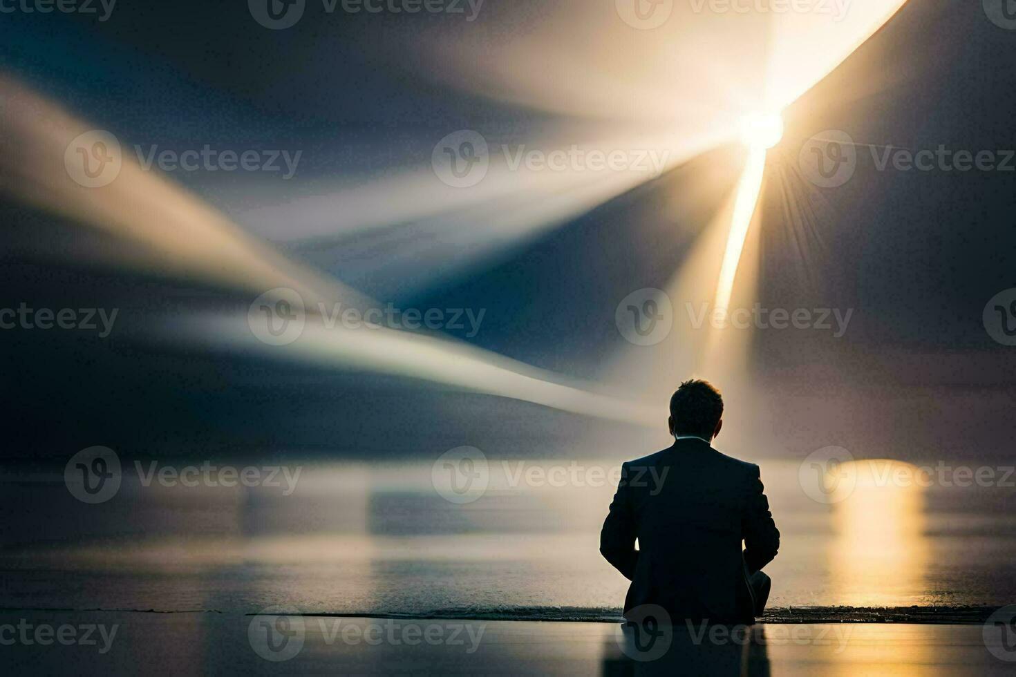 une homme dans une costume est assis sur le bord de une Lac à le coucher du soleil. généré par ai photo