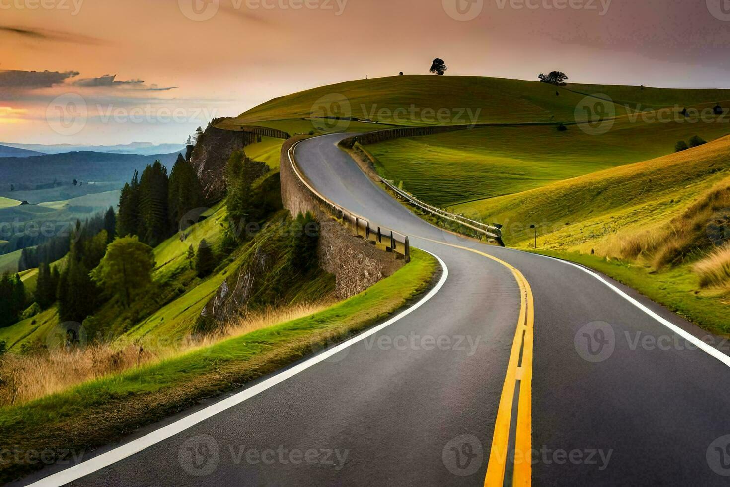 une enroulement route dans le montagnes avec une le coucher du soleil. généré par ai photo