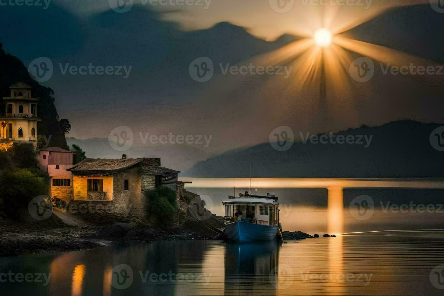 photo fond d'écran le ciel, bateau, bateau, le mer, le soleil, le lune, le. généré par ai