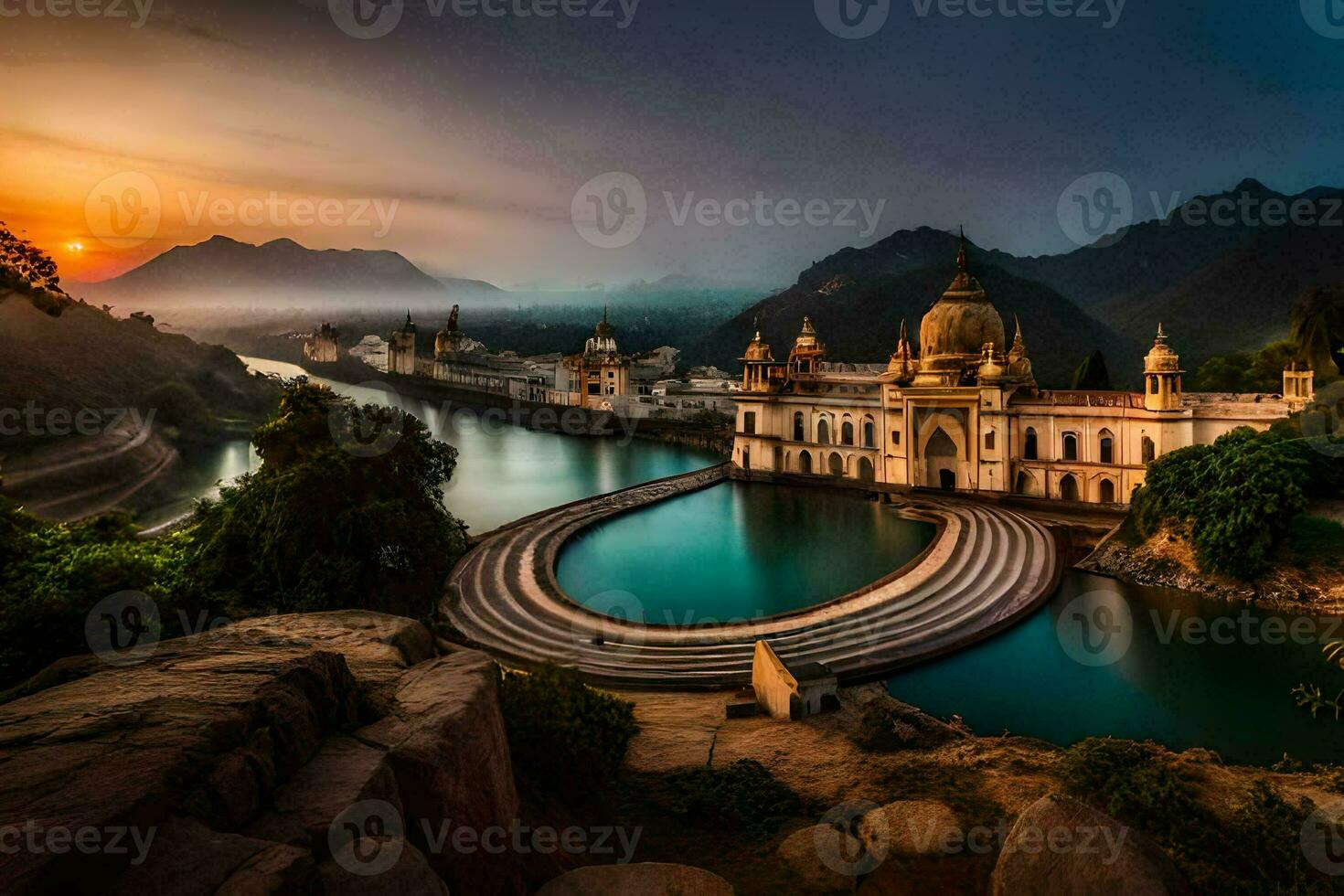 le Soleil ensembles plus de une magnifique bâtiment dans le montagnes. généré par ai photo