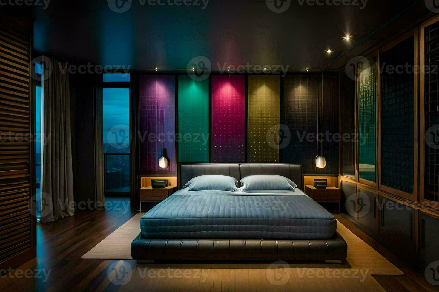 une chambre avec une lit et coloré mur panneaux. généré par ai photo