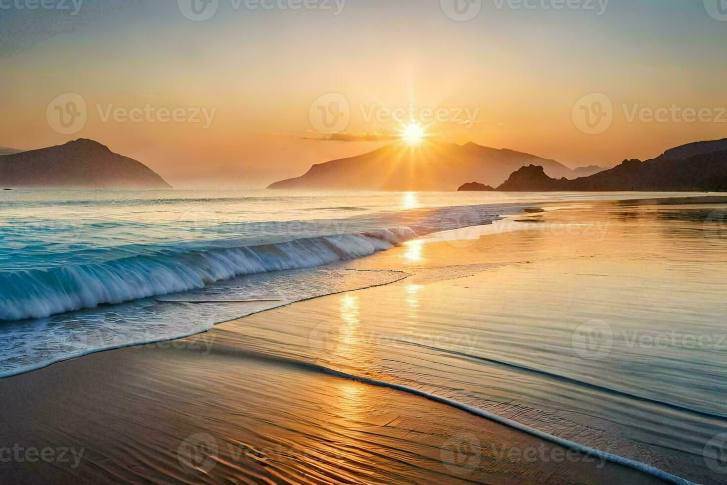 le Soleil monte plus de le océan et vagues à le plage. généré par ai photo