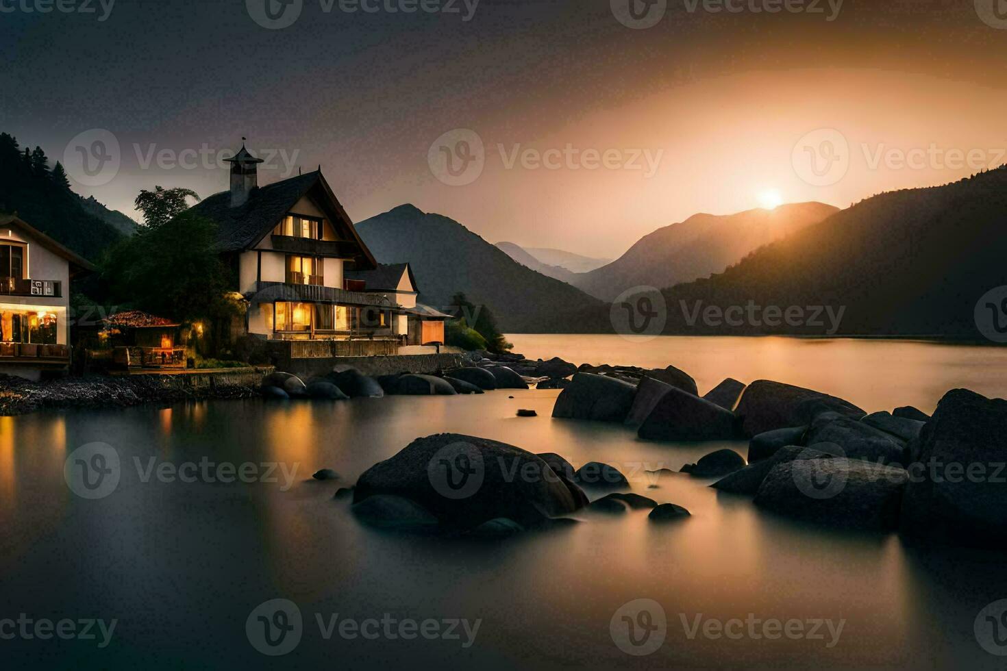 une maison est assis sur le rive de une Lac à le coucher du soleil. généré par ai photo