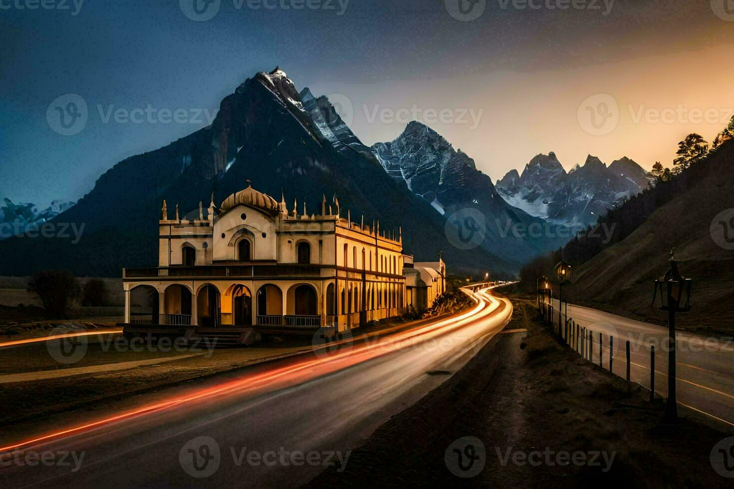 une église et montagnes dans le Contexte. généré par ai photo