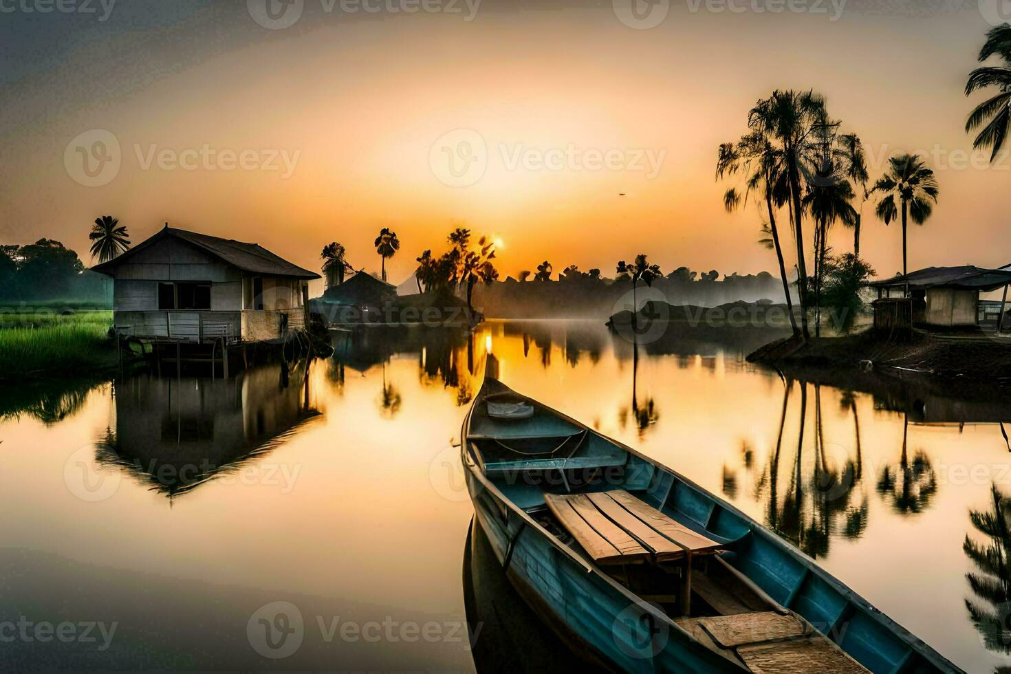 une bateau est assis sur le l'eau à le coucher du soleil. généré par ai photo