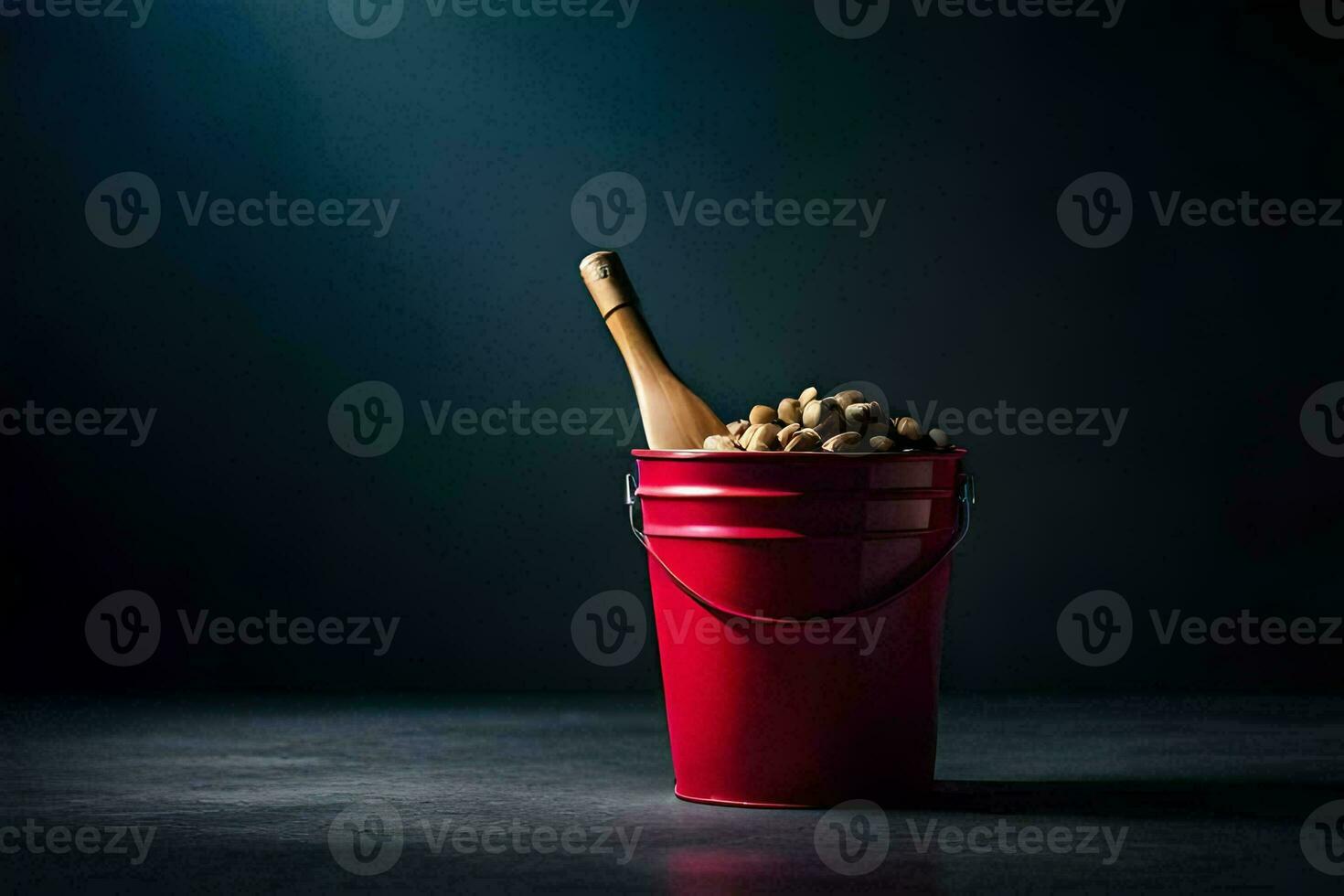 une rouge seau rempli avec cacahuètes et une bouteille de Champagne. généré par ai photo