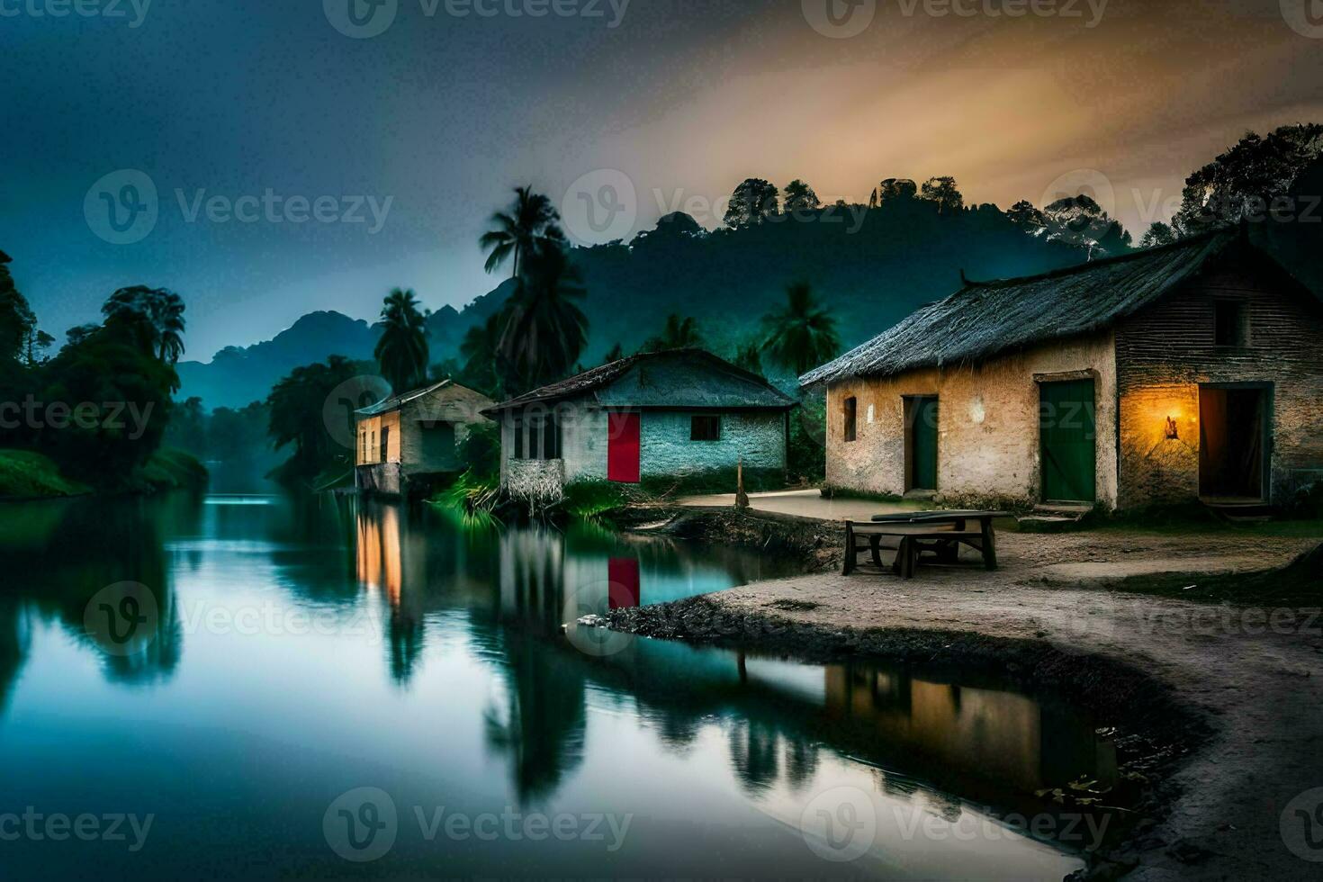 une rivière dans le milieu de une village à crépuscule. généré par ai photo