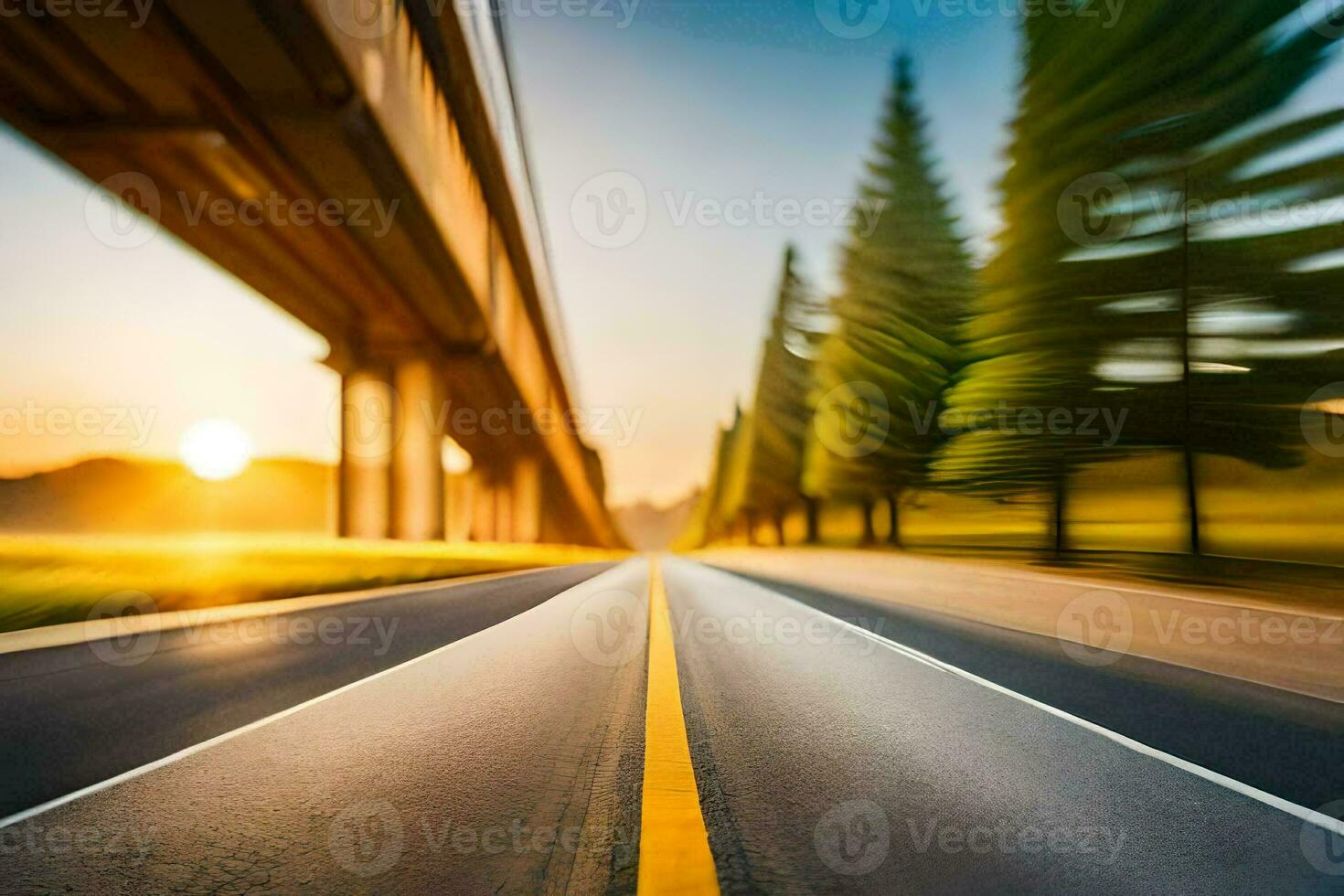 une floue image de une route avec des arbres et une pont. généré par ai photo