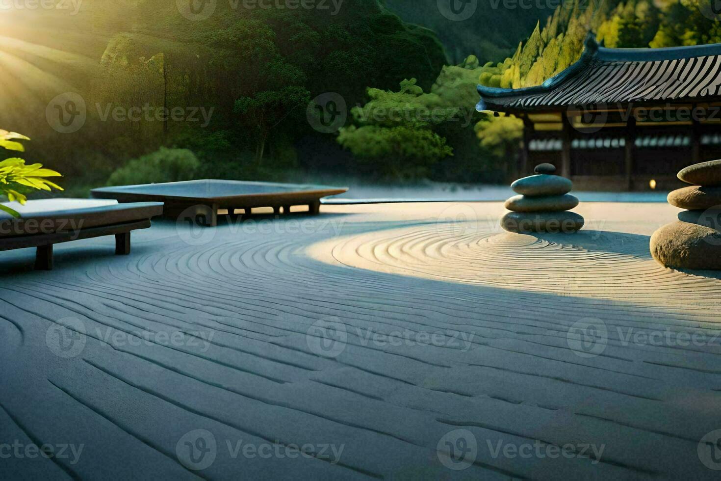 une Zen jardin avec pierre chemins et bancs. généré par ai photo