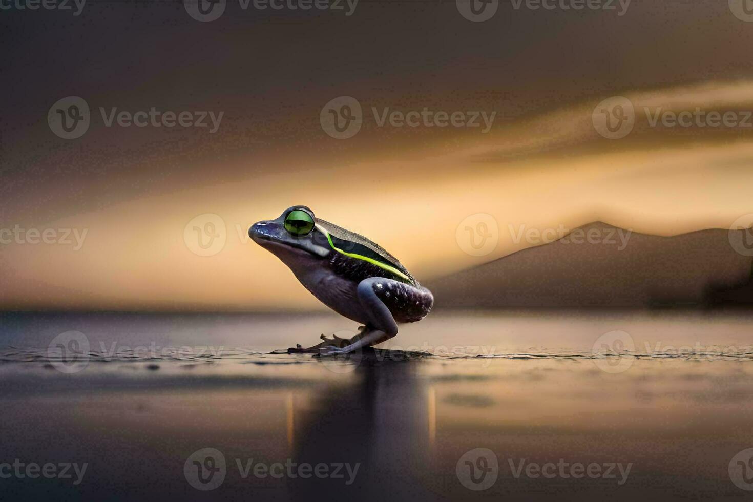 une grenouille avec une vert et blanc Bande sur ses retour est permanent sur le sol. généré par ai photo