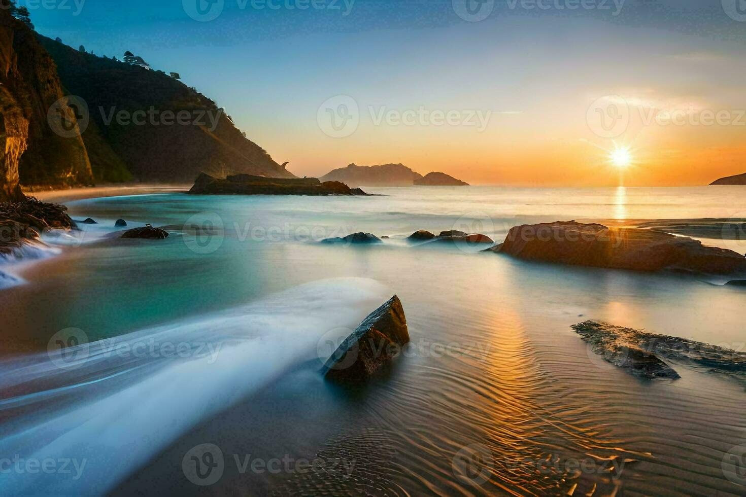 le Soleil ensembles plus de une plage avec rochers et l'eau. généré par ai photo