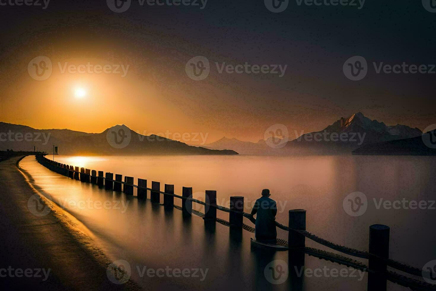 une homme des stands sur une jetée à la recherche à le Soleil réglage plus de une lac. généré par ai photo