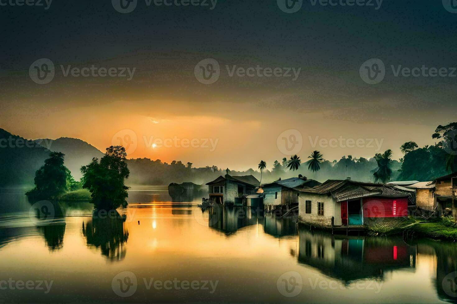 photo fond d'écran le ciel, eau, le soleil, le loger, le village, le rivière,. généré par ai