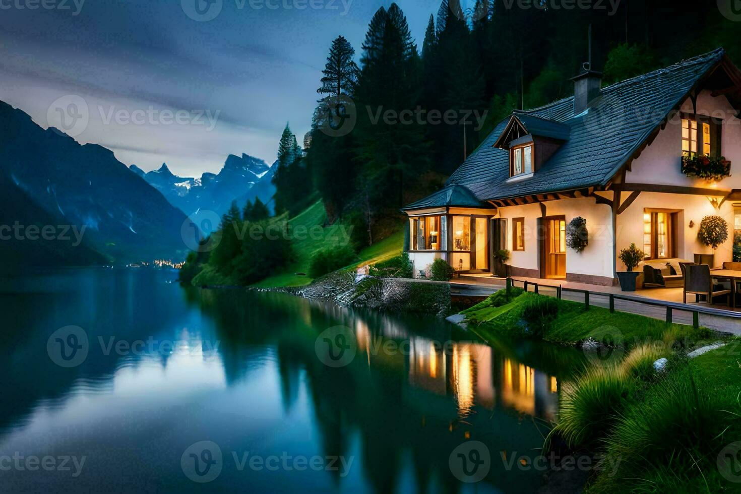 une maison par le Lac à nuit. généré par ai photo