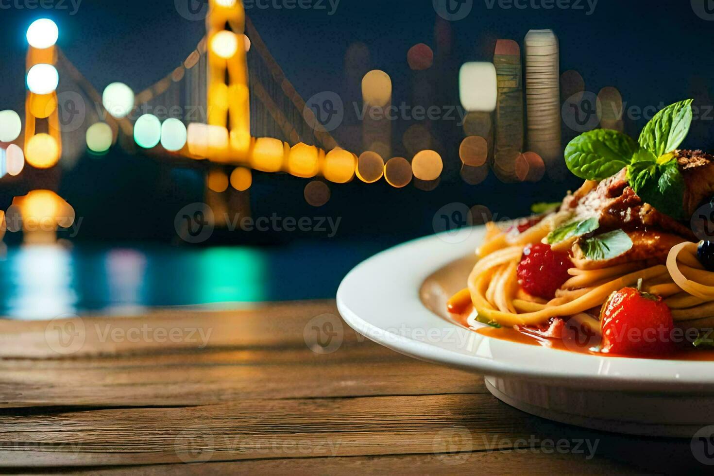 une assiette de spaghetti avec une vue de le san francisco baie pont. généré par ai photo