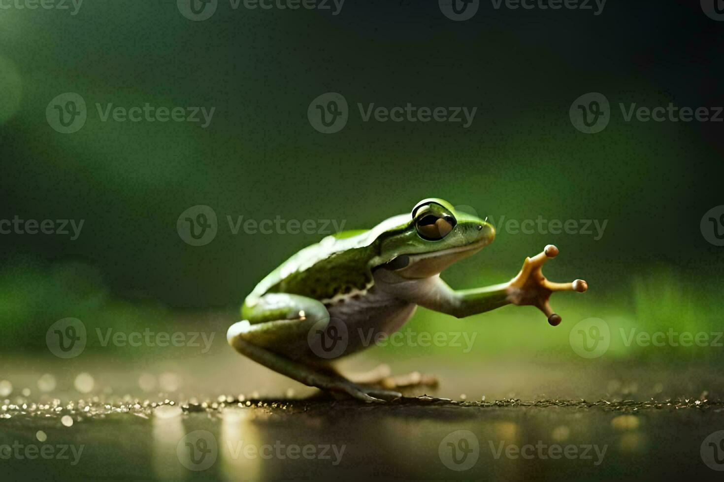 une grenouille est permanent sur ses de derrière jambes et atteindre pour quelque chose. généré par ai photo