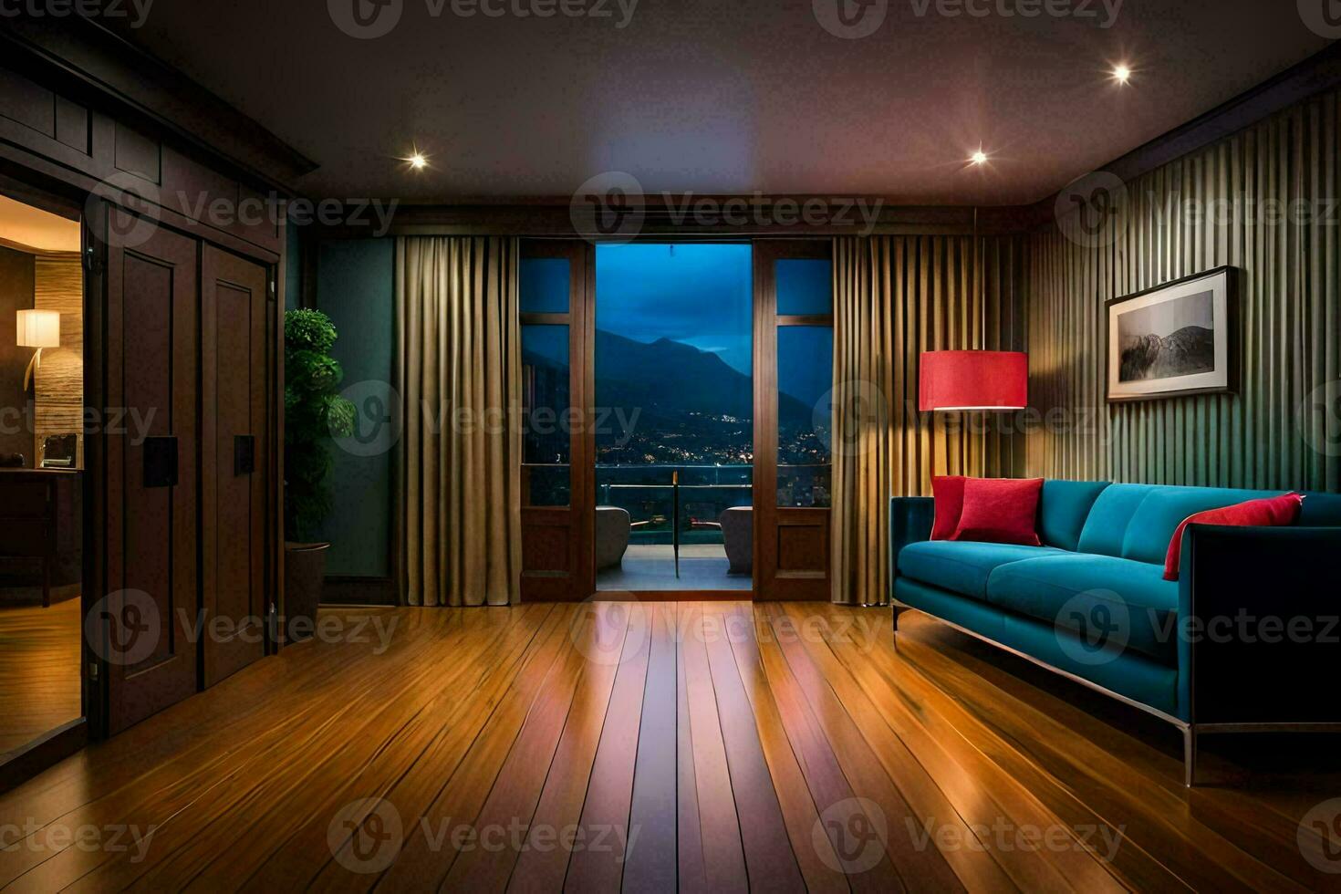 une vivant pièce avec une bleu canapé et une vue de le montagnes. généré par ai photo