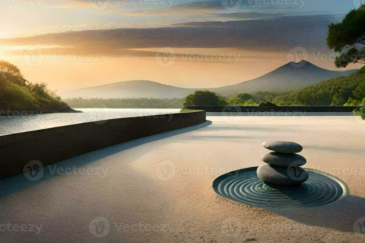 une Zen jardin avec des pierres et l'eau à le coucher du soleil. généré par ai photo