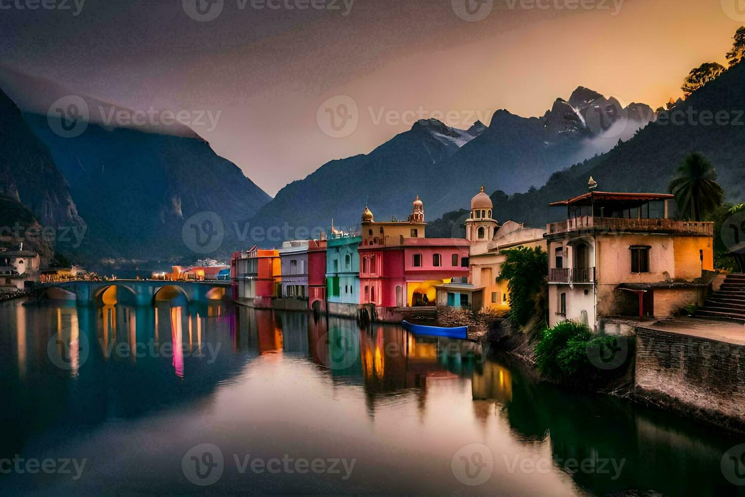 coloré Maisons ligne le rivière dans de face de montagnes. généré par ai photo