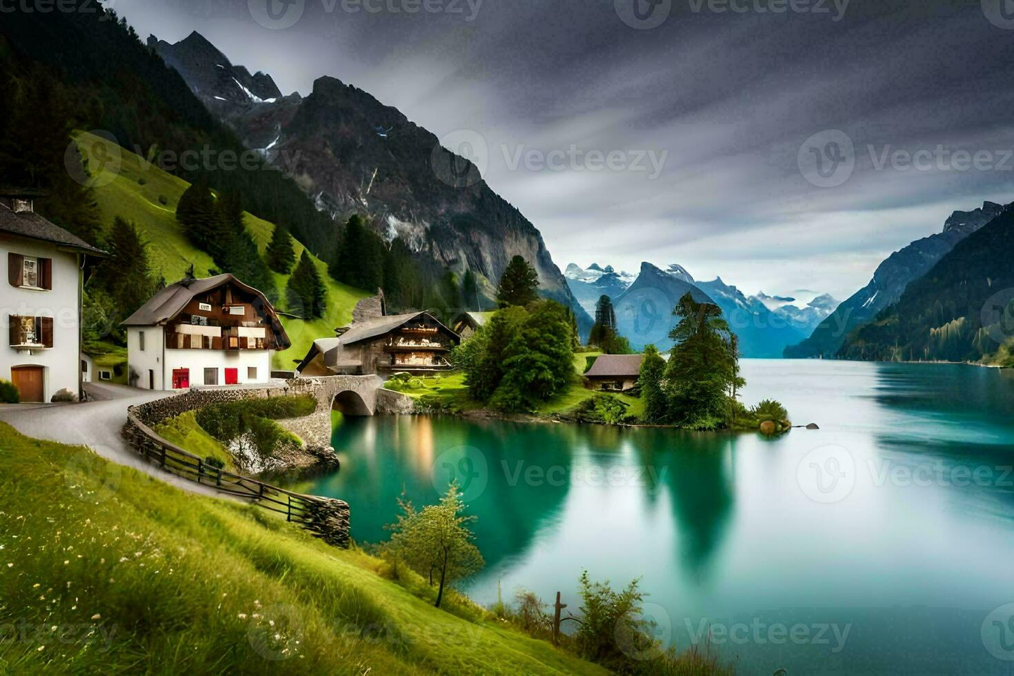 une Lac et Montagne village dans le Alpes. généré par ai photo