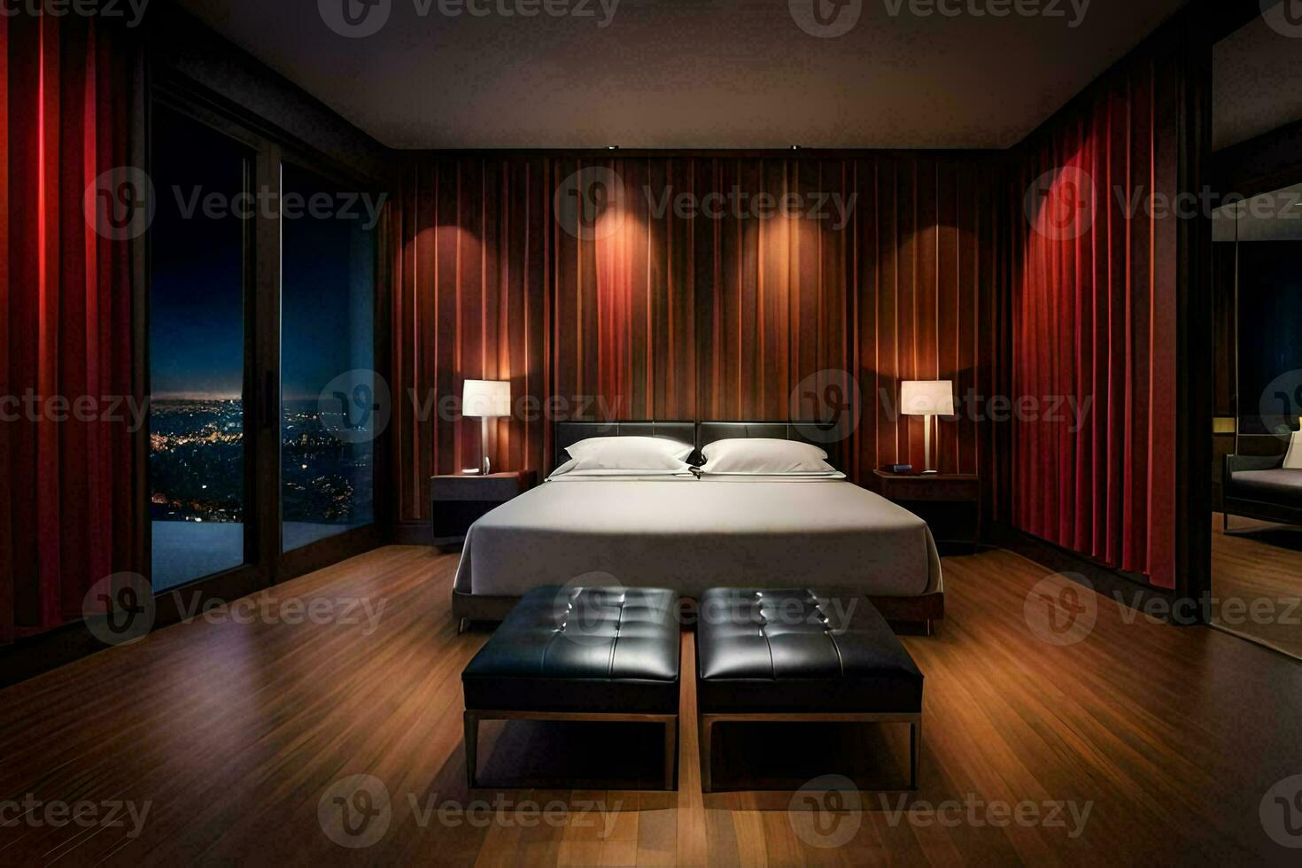 une chambre avec une rouge rideau et en bois étages. généré par ai photo