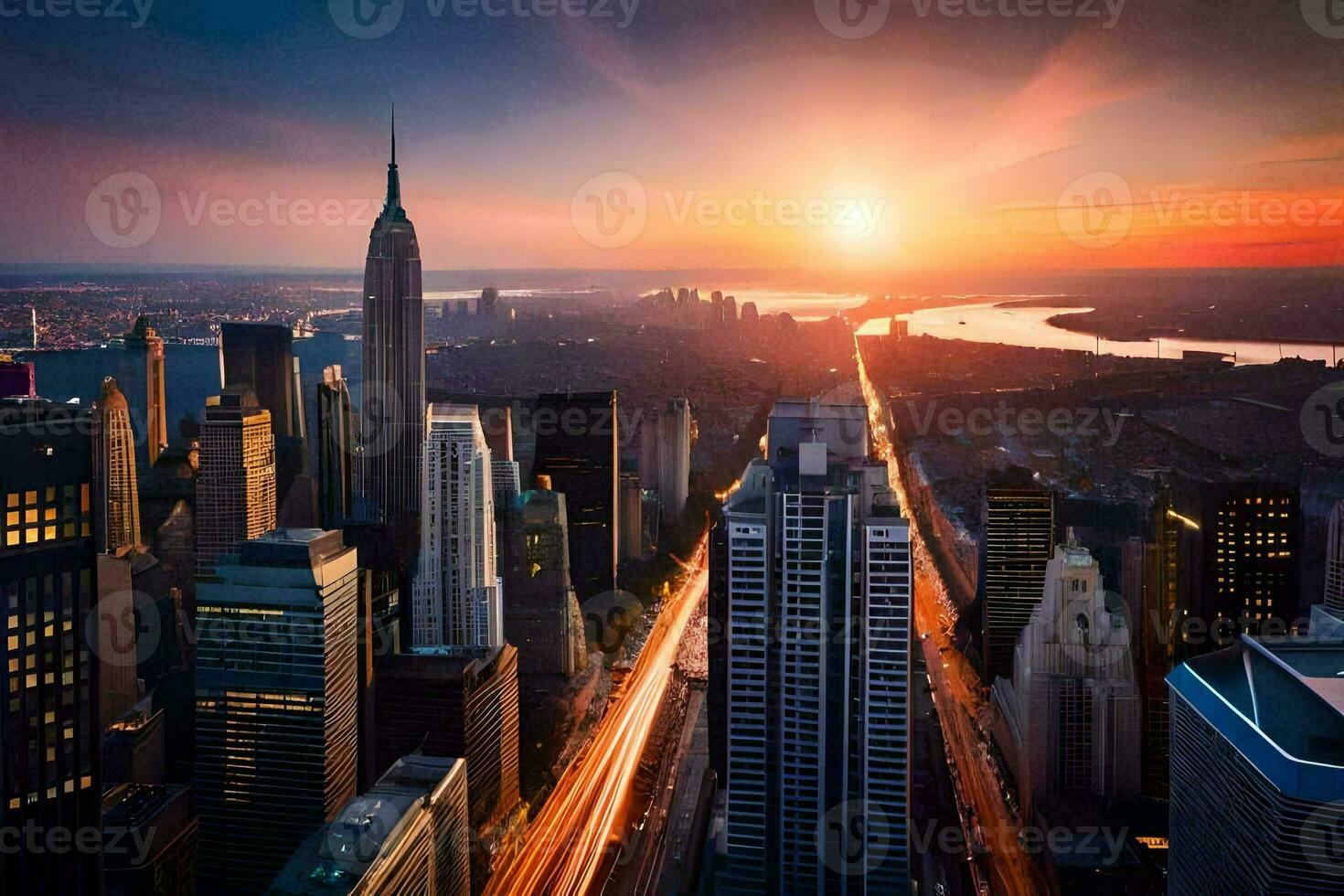 le Soleil ensembles plus de le ville horizon dans Nouveau York. généré par ai photo