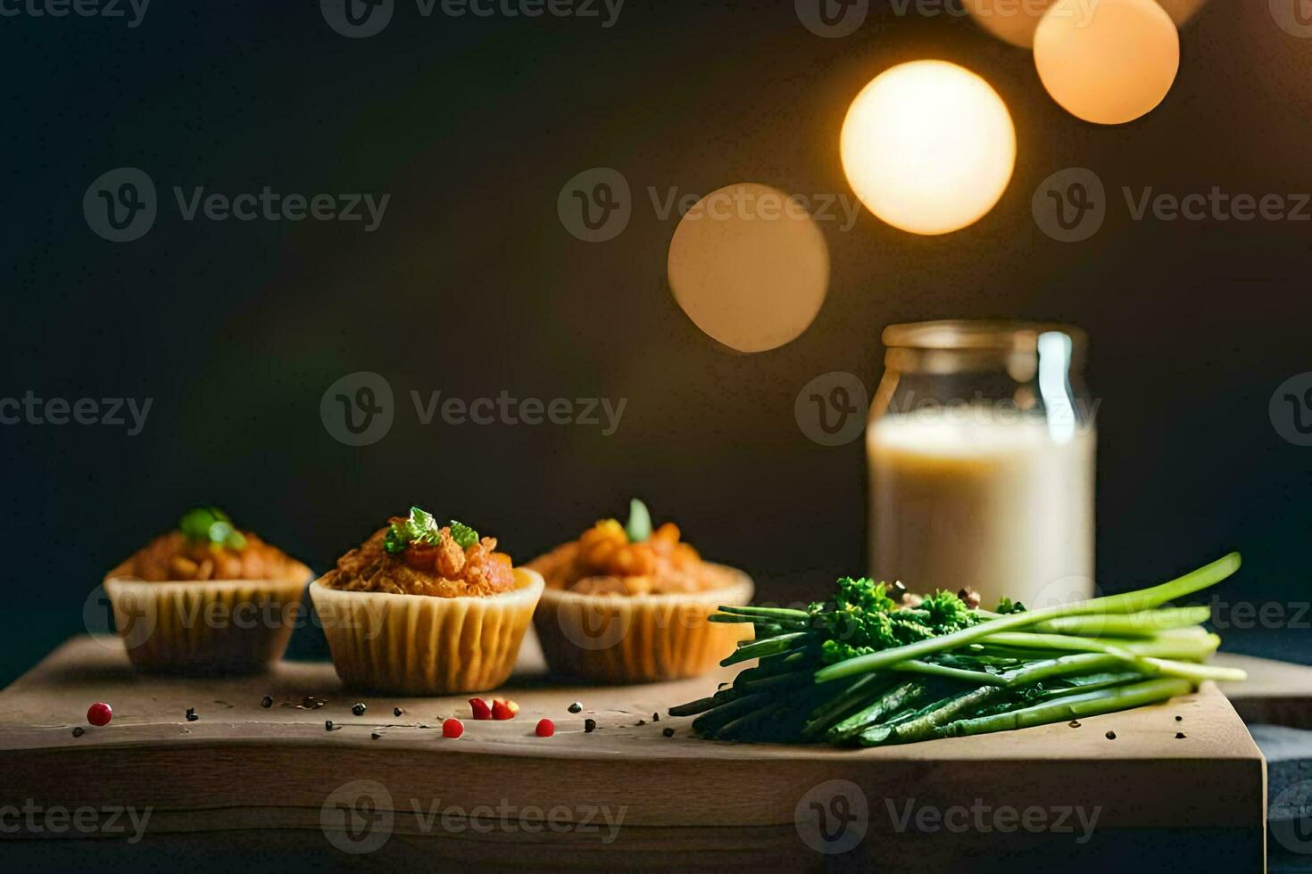 une en bois Coupe planche avec petits gâteaux, brocoli et lait. généré par ai photo