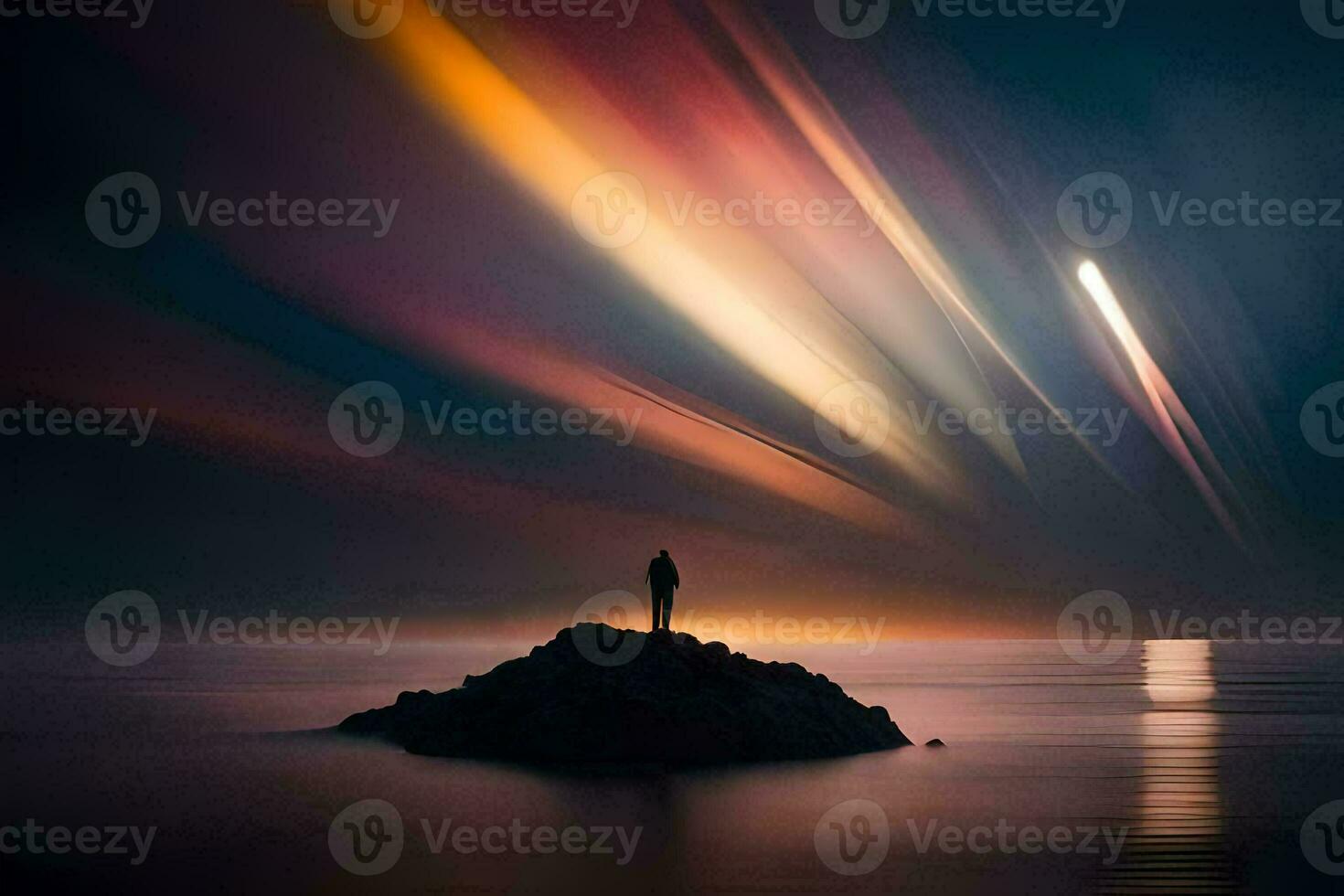une homme permanent sur une Roche dans le milieu de le océan avec une brillant lumière Piste derrière lui. généré par ai photo
