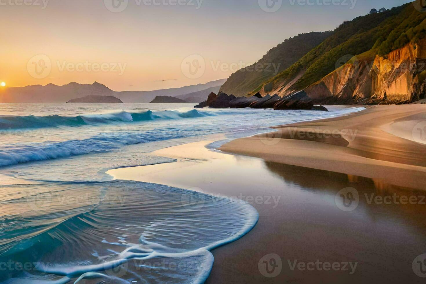 une plage à le coucher du soleil avec vagues et rochers. généré par ai photo